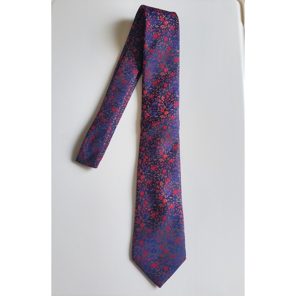 Barry Wang Neck Tie Cherry Red, Navy Blue & Gold Floral Hand Tailored 100% Silk